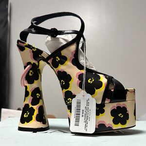 Lanvin Black and Yellow Floral Platform Heels